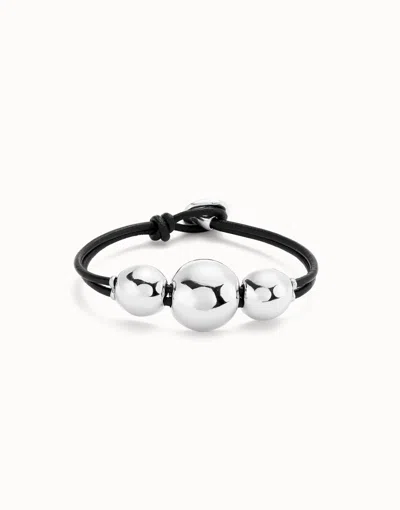 Unode50 Leather Bracelet With Three Large Beads In Silver