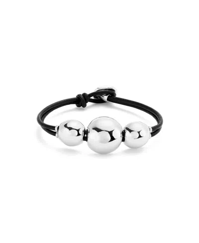 Unode50 Leather Bracelet With Three Large Metal Alloy Beads Plated With Sterling Silver In Black