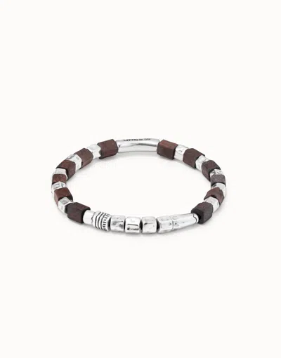 Unode50 Leather Bracelet With Wooden Beads In Silver