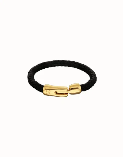 Unode50 Leather Braided Bracelet With Golden Clasp In Black
