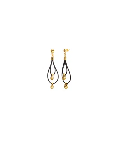 Unode50 Leather Long Double Earrings With 18k Gold Plated Ball Detail