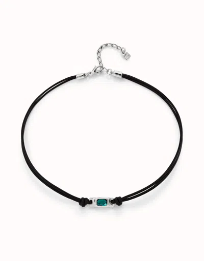 Unode50 Collar De Cuero Bañado En Plata De Ley Con Cristal Verde In Black