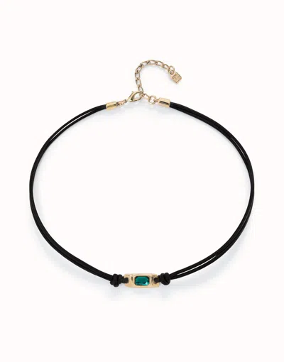 Unode50 Collar De Cuero Bañado En Oro 18k Con Cristal Verde In Black