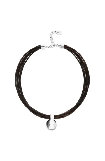 Unode50 Leather Necklace With Large Sterling Silver-plated Dial In Brown