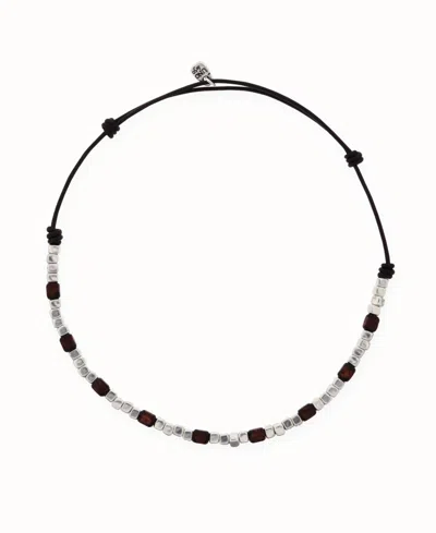 Unode50 Leather Necklace With Metal Alloy Beads In Silver Sterling And Wood In Black