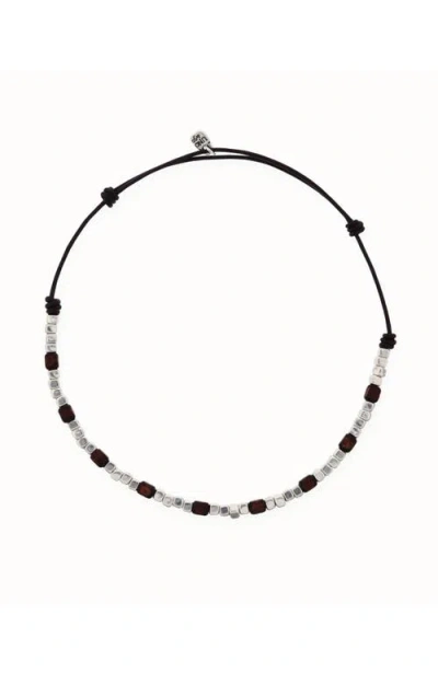 Unode50 Leather Necklace With Silver And Wood Beads In Black