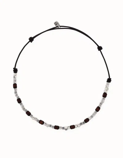 Unode50 Leather Necklace With Silver And Wooden Beads