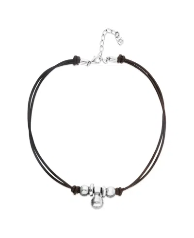 Unode50 Leather Necklace With Three 18k Gold Alloy Plated Balls In Silver