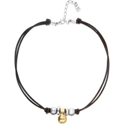 Unode50 Leather Necklace With Three 18k Gold Alloy Plated Balls In Black