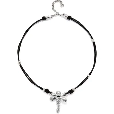 Unode50 Leather Pendant Necklace With Dragonfly In Black