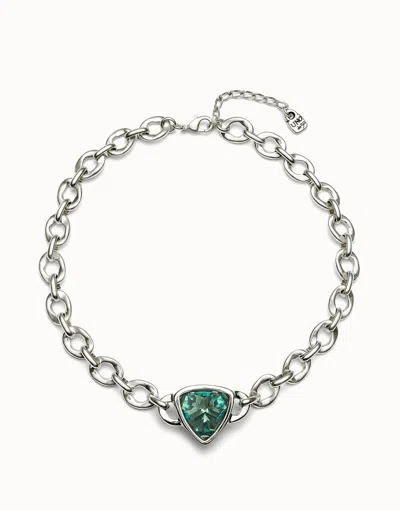 Unode50 Link Chain Short Necklace With A Green Crystal