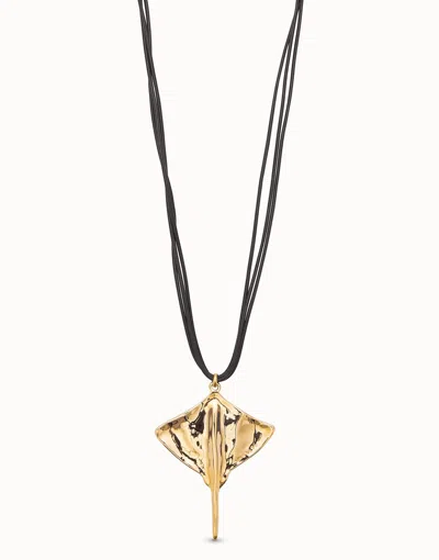 Unode50 Long Leather Necklace Pendant With Manta Ray In Gold