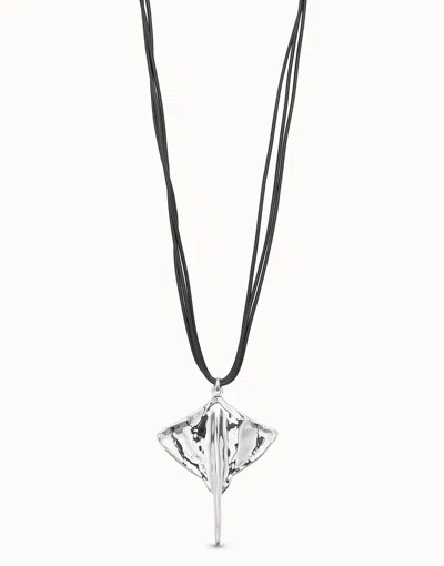 Unode50 Long Leather Necklace Pendant With Manta Ray In Silver