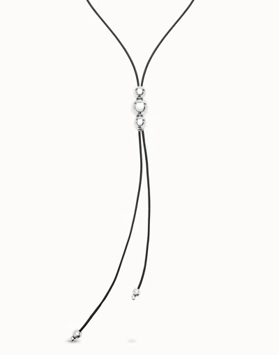 Unode50 Long Leather Necklace With Three Central Beads In Silver