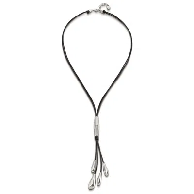 Unode50 Long Leather Whip And Gold Plated Drop Necklace In Silver