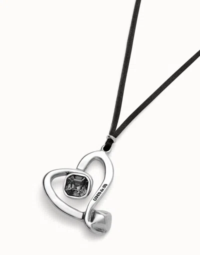 Unode50 Long Pendant And Central Heart With Black Crystal In Silver