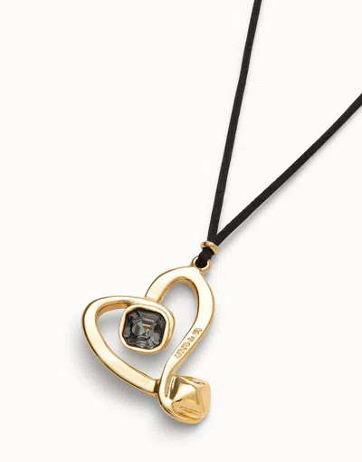Unode50 Long Pendant And Central Heart With Black Crystal In Gold