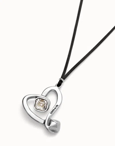 Unode50 Long Pendant And Central Heart With Transparent Crystal In Silver