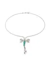 Unode50 Long Sterling Silver Plated Necklace With Dragonfly And Green Crystals In Metallic