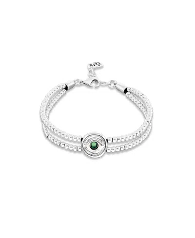 Unode50 Metal Alloy Double Beaded Bracelet In Sterling Silver With An Eye Detail And A Green Faceted Crystal