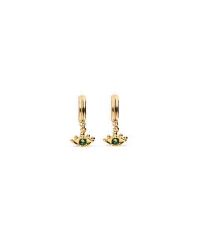 Unode50 Metal Alloy Hoop Earrings Plated In Gold 18k With An Eye Detail And Faceted Crystal In Green
