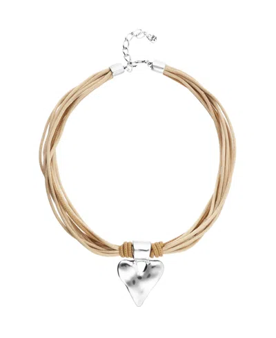 Unode50 Mixed Beige Silk And Leather Thread Necklace With Sterling Silver Heart Detail In Neutral