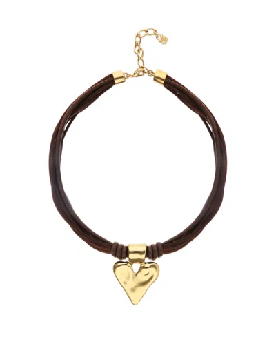 Unode50 Mixed Dark Brown Silk And Leather Thread Necklace With 18k Gold Heart Detail