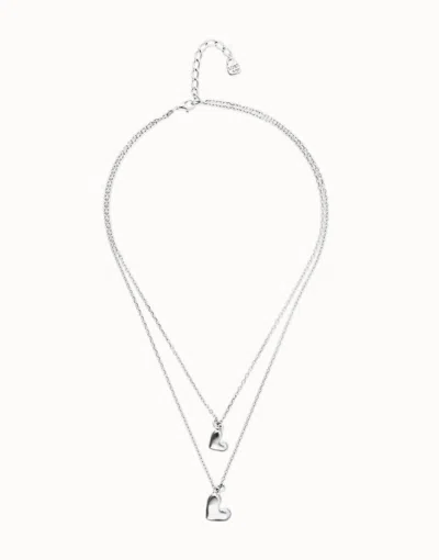 Unode50 Multi Strand Chain Necklace With Two Hearts In Silver