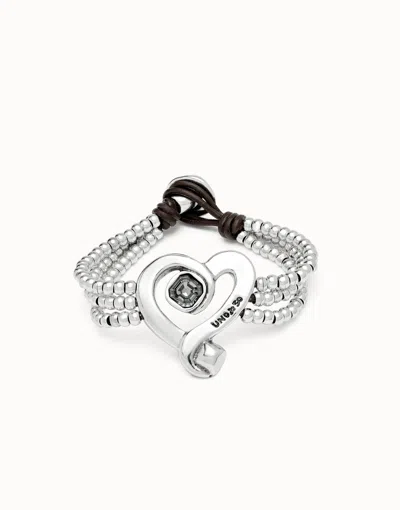 Unode50 Multi Strand Leather Beaded Bracelet With A Heart In Silver