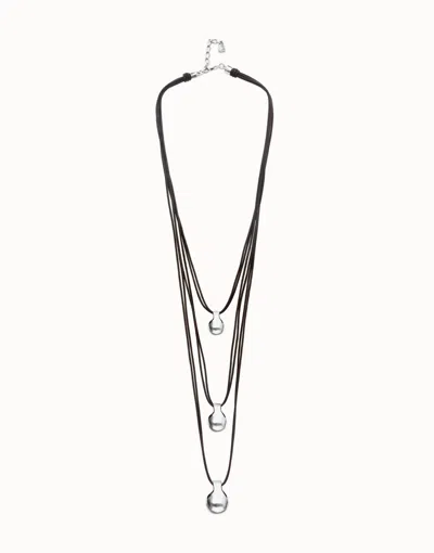 Unode50 Multi Strand Leather Necklace With Three Spheres In Silver