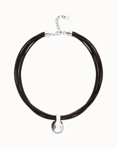 Unode50 Multistrand Short Leather Necklace With Large Sphere In Silver