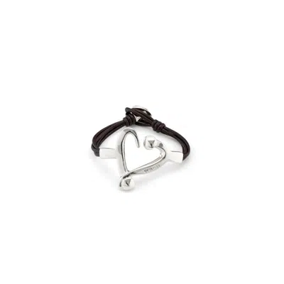 Unode50 Nailed Heart Shape Leather Strap Bracelet In Silver