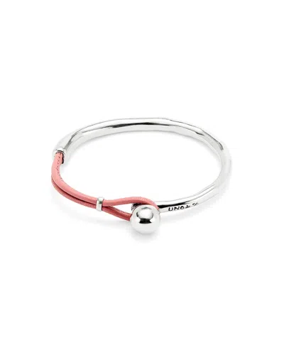 Unode50 Semi-rigid Metal Alloy Bracelet Plated In Sterling Silver With Pink Leather