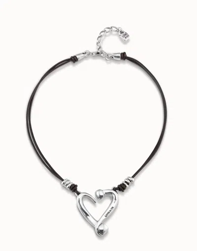 Unode50 Short Leather Necklace With A Heart In Silver