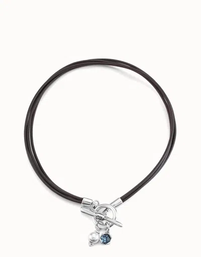 Unode50 Short Leather Necklace With Central Clasp In Silver