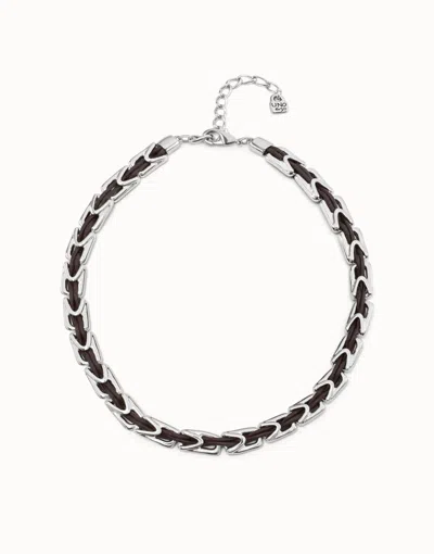 Unode50 Short Leather Necklace With Links In Silver
