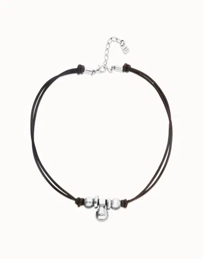 Unode50 Short Leather Necklace With Three Spheres In Silver