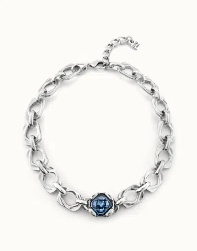 Unode50 Short Link Chain Necklace With Large Blue Crystal