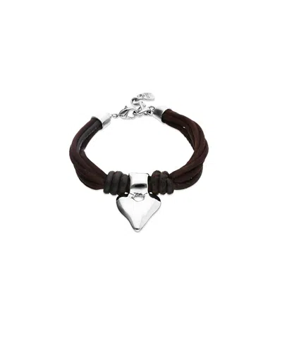 Unode50 Silk-effect Thread Blend Bracelet With Brown Leather And Heart Detail In Multi