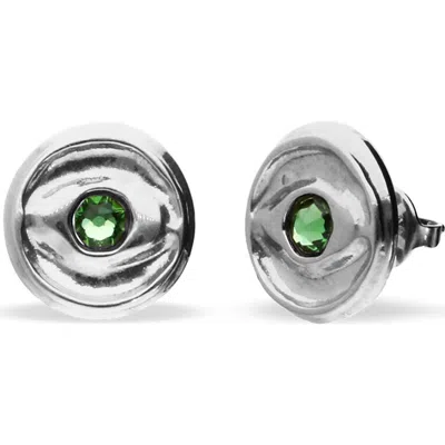 Unode50 Silver Plated Button Earrings With Green Faceted Crystal In Pattern