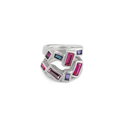 Unode50 Silver-plated Metal Alloy Ring With Multicolored Faceted Crystals.