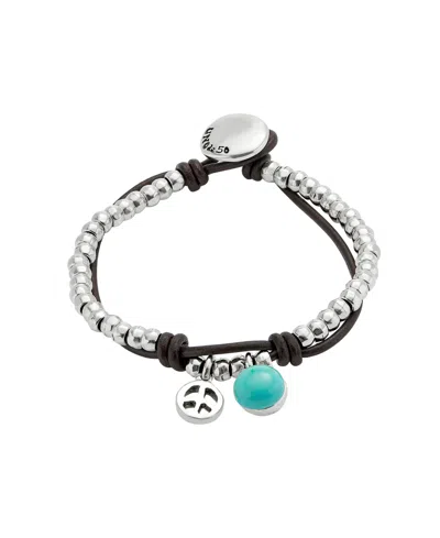 Unode50 Silver-plated Beaded Bracelet With Leather And Turquoise Murano Glass Beads In Metallic