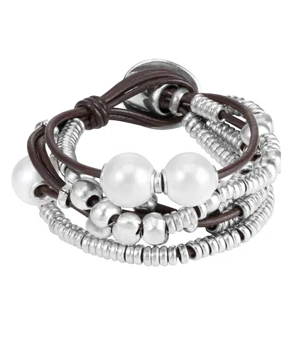 Unode50 Smooth Leather Loop Bracelet In Silver