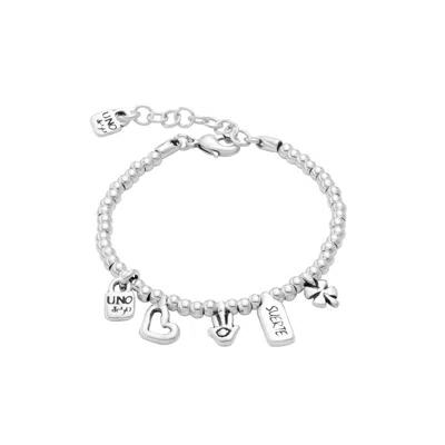 Unode50 Sterling Silver Heart, Clover And Hand Charm Bracelet