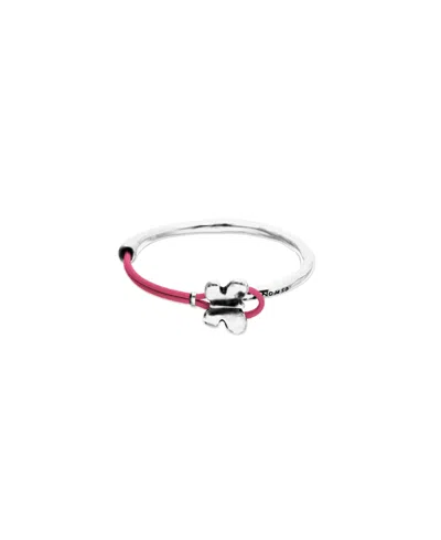 Unode50 Sterling Silver Leather Threat And Butterfly Semi-rigid Bracelet In Red