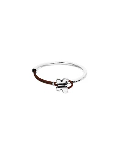 Unode50 Sterling Silver Leather Threat And Butterfly Semi-rigid Bracelet In Black