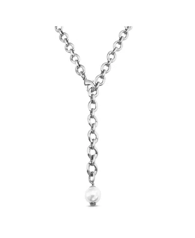 Unode50 Sterling Silver Metal Alloy Oval Links Necklace With Cultivated Pearl Charm