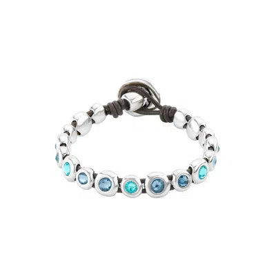 Unode50 Sterling Silver Murano Crystal Leather Bracelet In Blue