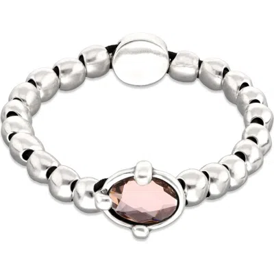 Unode50 Sterling Silver Plated Metal Beaded Bracelet With A Pink Faceted Crystals And Elastic String In Orange