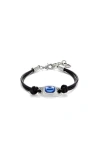 Unode50 Sterling Silver-plated Leather Bracelet With Light Blue Crystal In Black